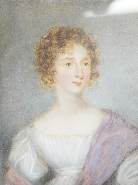 Regency School, Portrait of a seated lady wearing a shawl, portrait miniature, watercolour on ivory, housed in a maple frame, 9.5 x 7cm CITES Submission reference 2YVL7VX2